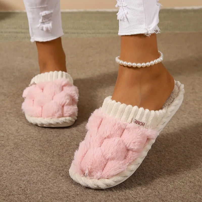 Faux Fur Colorblock Slippers: Casual Plush Comfort